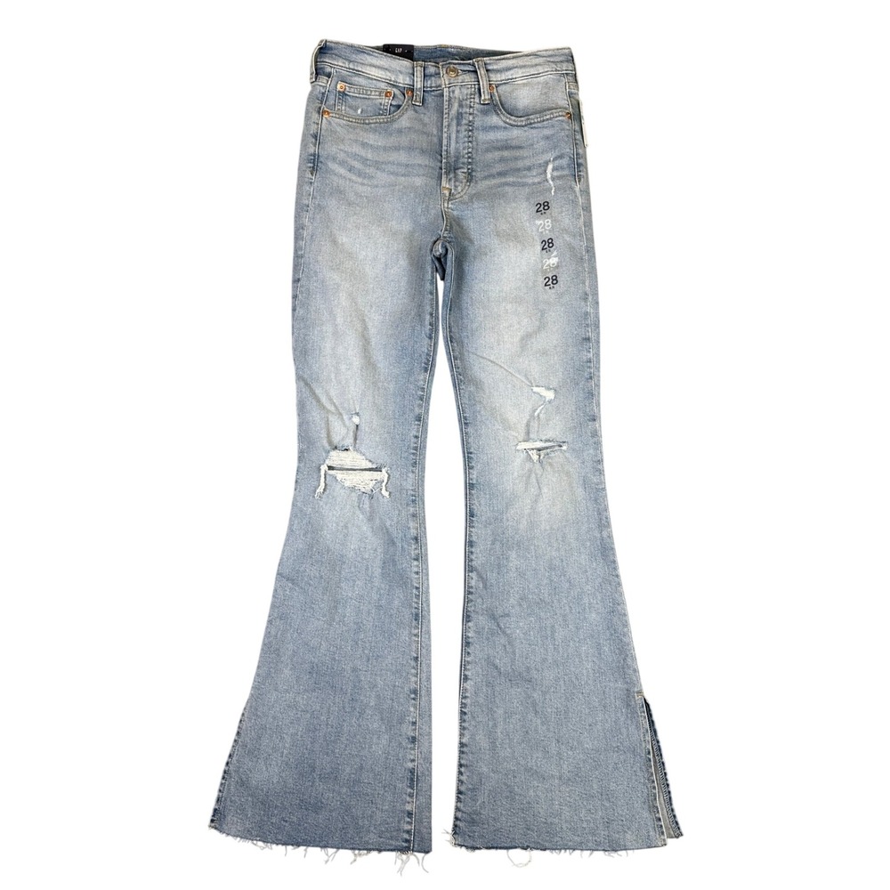 NWT GAP High Rise Flare Jeans Light Wash Distressed Raw Hem Side Slit 28 6R NEW